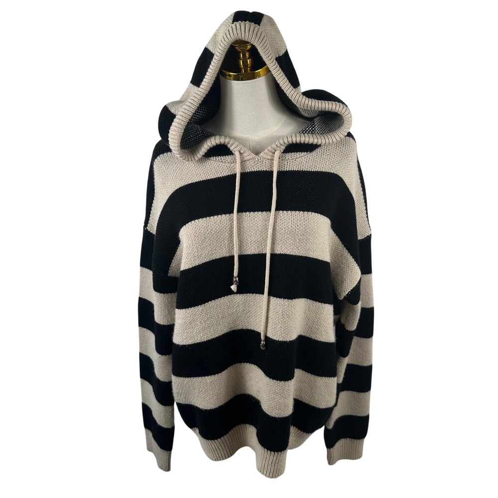 POL Sweater Hoodie Womens S Black Beige Striped Oversized Knit Pullover Top